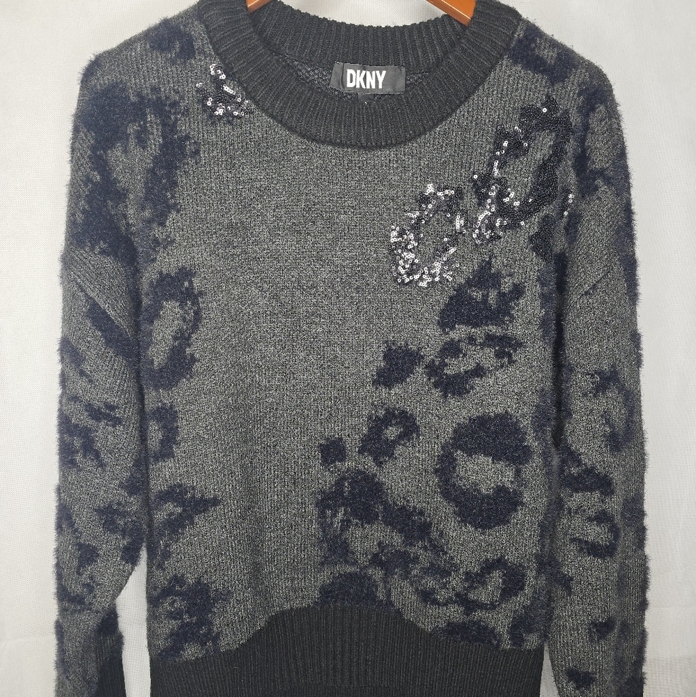 DKNY Sequin Sweater Gray Black Leopard Print Fuzzy Knit Long Sleeve Relaxed L